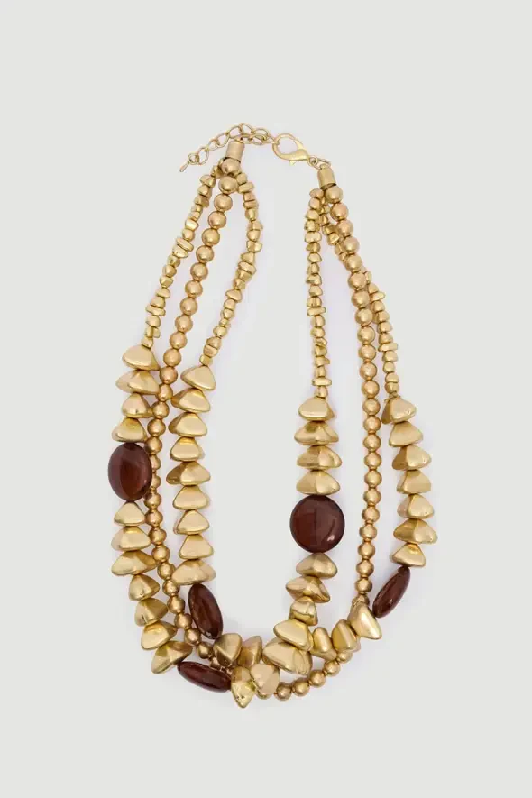 Tasarım Gold Boncuklu Üç Sıra Kolye - Gold - Gusto