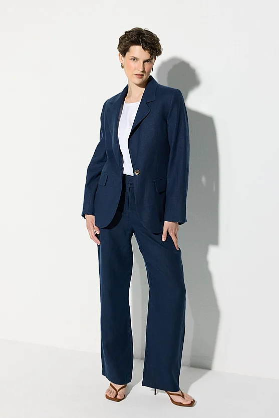 Tek Düğmeli Keten Blazer Ceket - Lacivert - Gusto