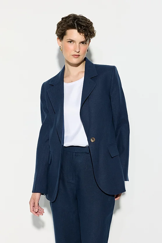 Tek Düğmeli Keten Blazer Ceket - Lacivert - Gusto
