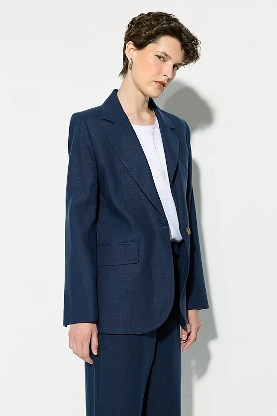 Tek Düğmeli Keten Blazer Ceket - Lacivert - Gusto
