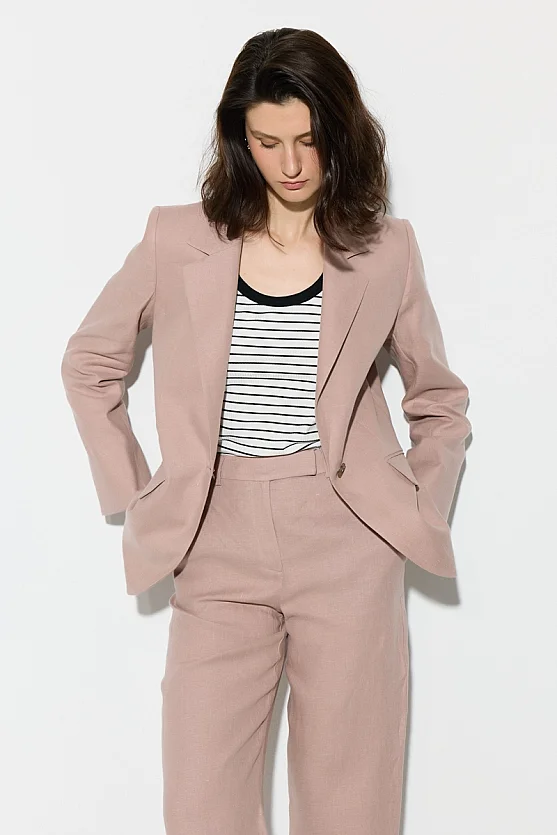 Tek Düğmeli Keten Blazer Ceket - Pudra - Gusto