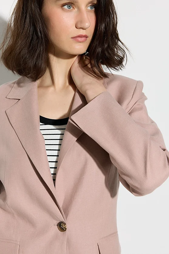 Tek Düğmeli Keten Blazer Ceket - Pudra - Gusto