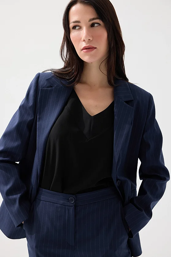 Tek Düğmeli Silik Çizgili Blazer Ceket - Lacivert - Gusto