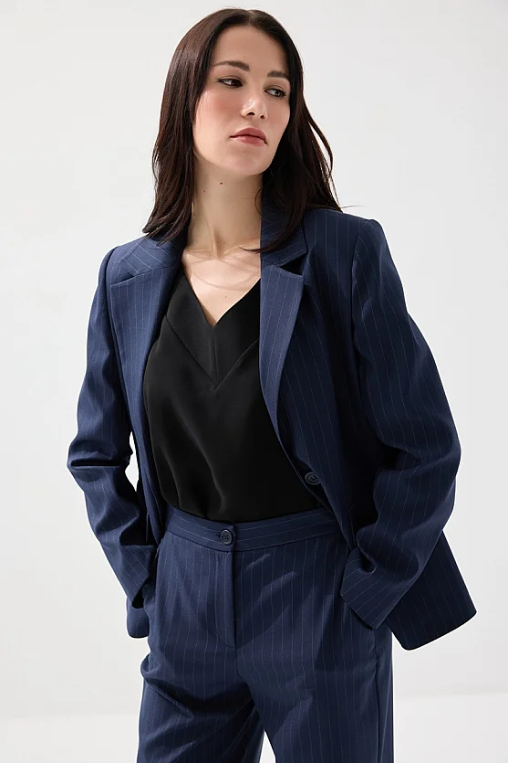 Tek Düğmeli Silik Çizgili Blazer Ceket - Lacivert - 4