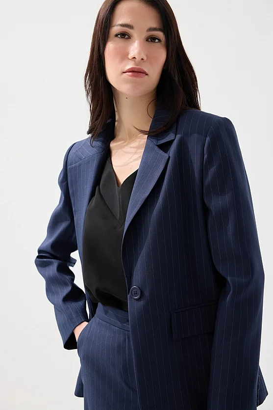 Tek Düğmeli Silik Çizgili Blazer Ceket - Lacivert - Gusto