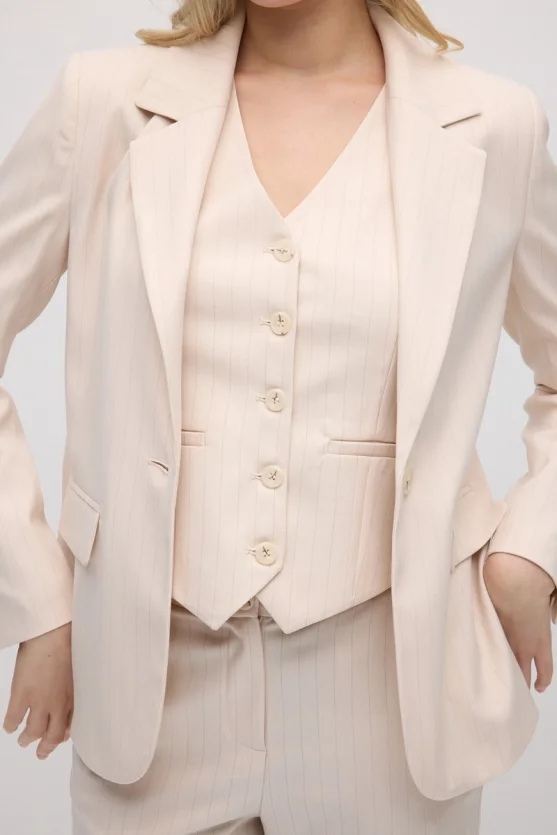 Tek Düğmeli Silik Çizgili Blazer Ceket - Pudra - 4