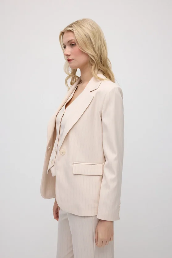 Tek Düğmeli Silik Çizgili Blazer Ceket - Pudra - Gusto