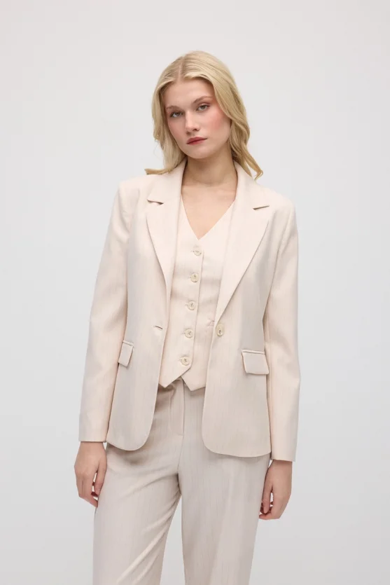 Tek Düğmeli Silik Çizgili Blazer Ceket - Pudra - Gusto