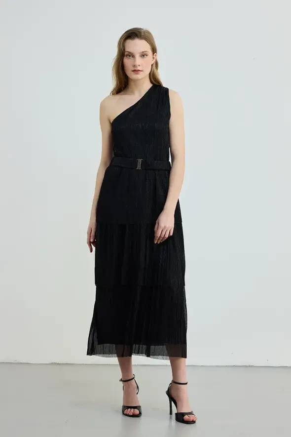 Tek Omuz Kat Kat Beli Kemerli Abiye Elbise - Siyah - Gusto