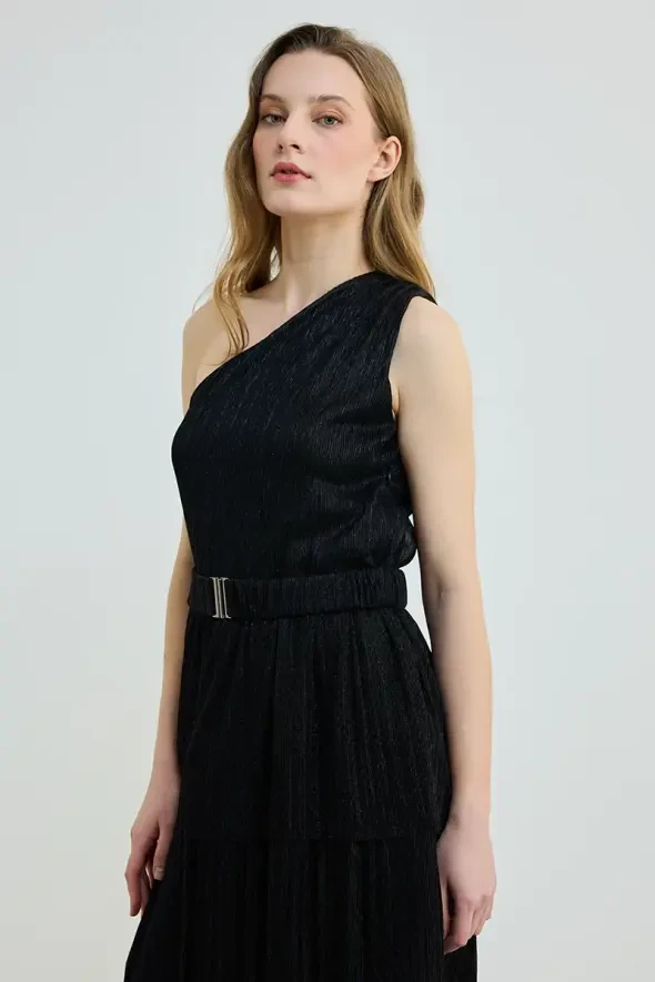 Tek Omuz Kat Kat Beli Kemerli Abiye Elbise - Siyah - Gusto