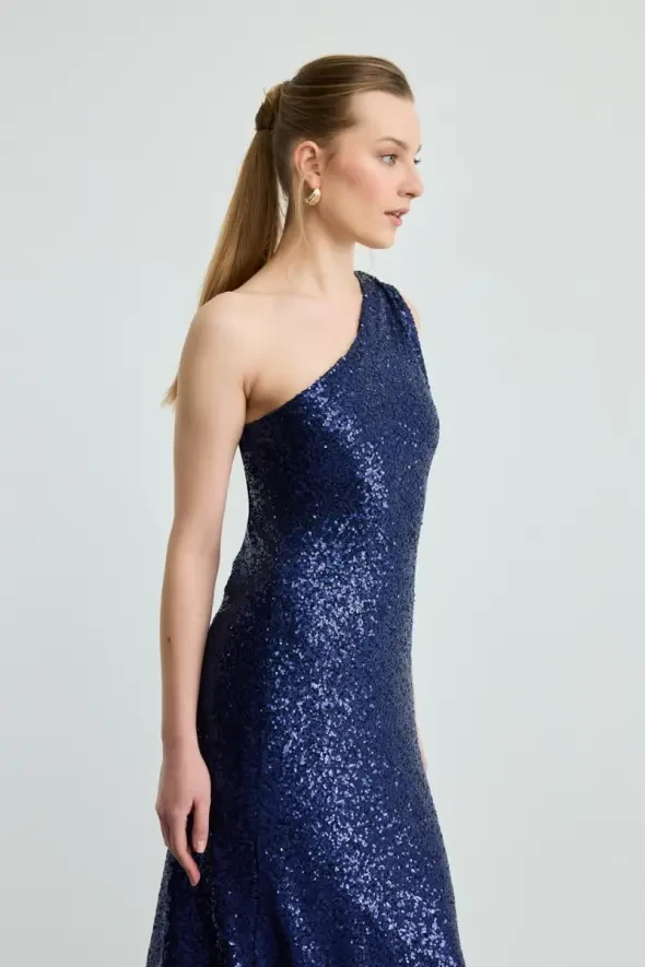 Tek Omuz Pul Payet Abiye Elbise - Lacivert - Gusto