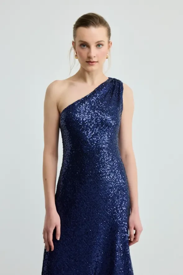 Tek Omuz Pul Payet Abiye Elbise - Lacivert - Gusto