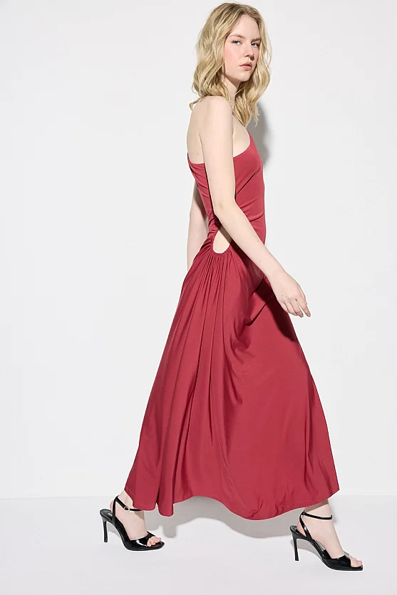 Tek Omuzlu Maksi Örme Elbise - Kiremit - Gusto