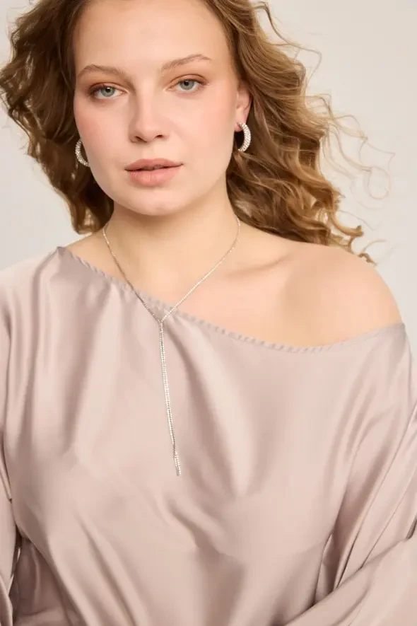 Tek Omuzlu Saten Bluz - Taş - 2