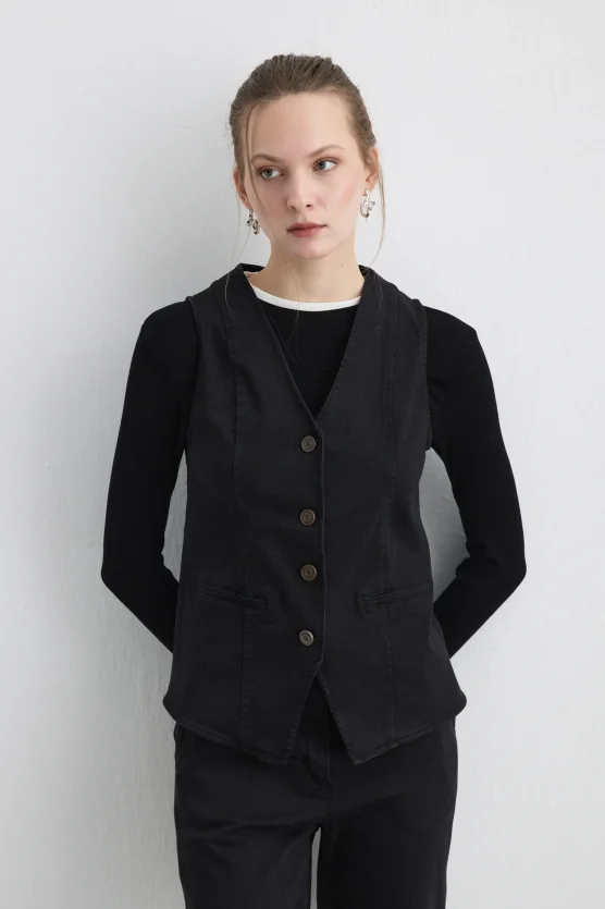Tencel Denim Black Yelek - Siyah - 1