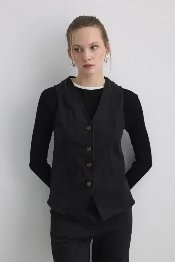 Tencel Denim Black Yelek - Siyah - Gusto