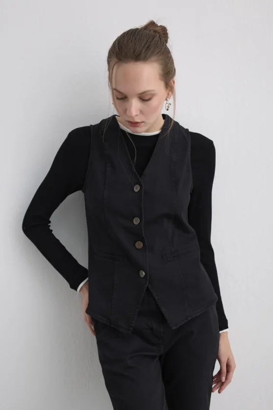 Tencel Denim Black Yelek - Siyah - Gusto