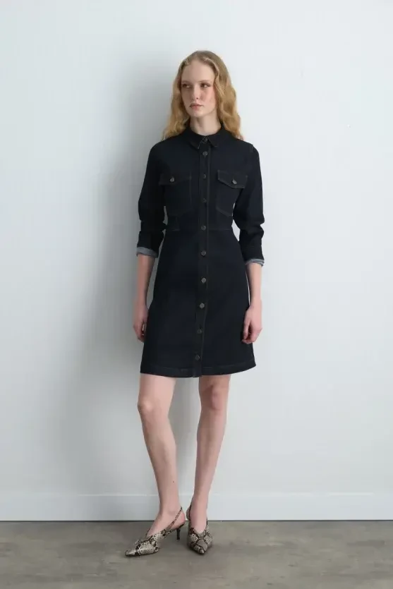 Tencel Denim Elbise - Lacivert - Gusto