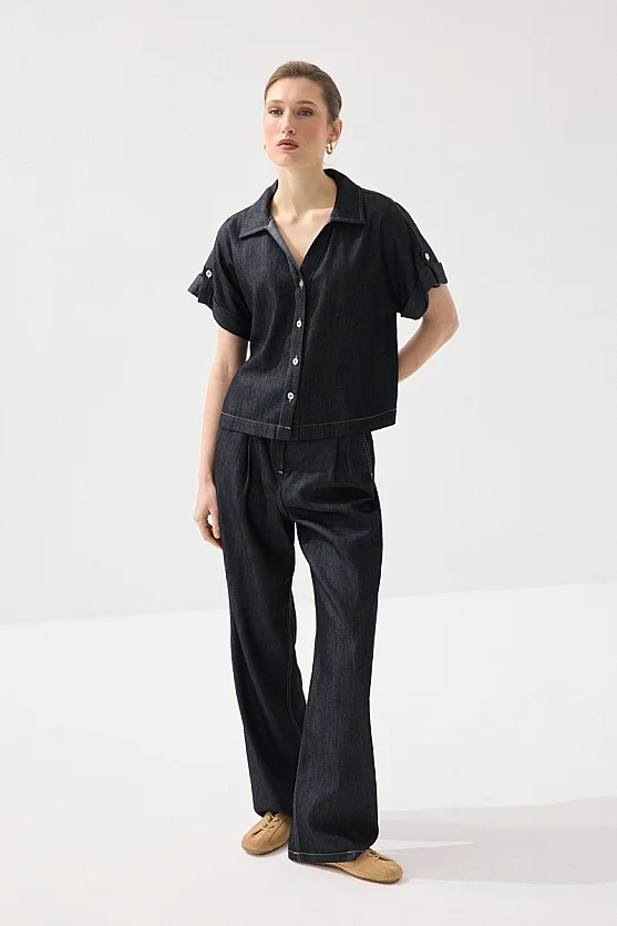 Tencel Denim Kemerli Pantolon - Lacivert - 1