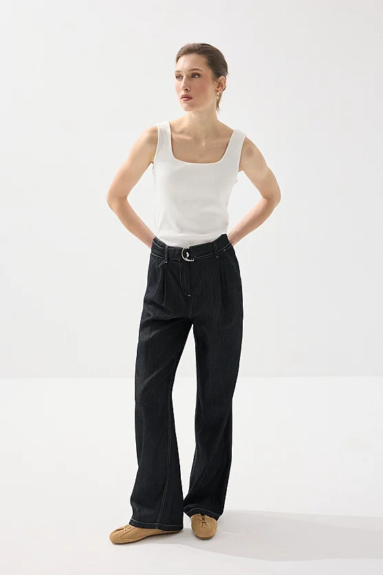 Tencel Denim Kemerli Pantolon - Lacivert - Gusto