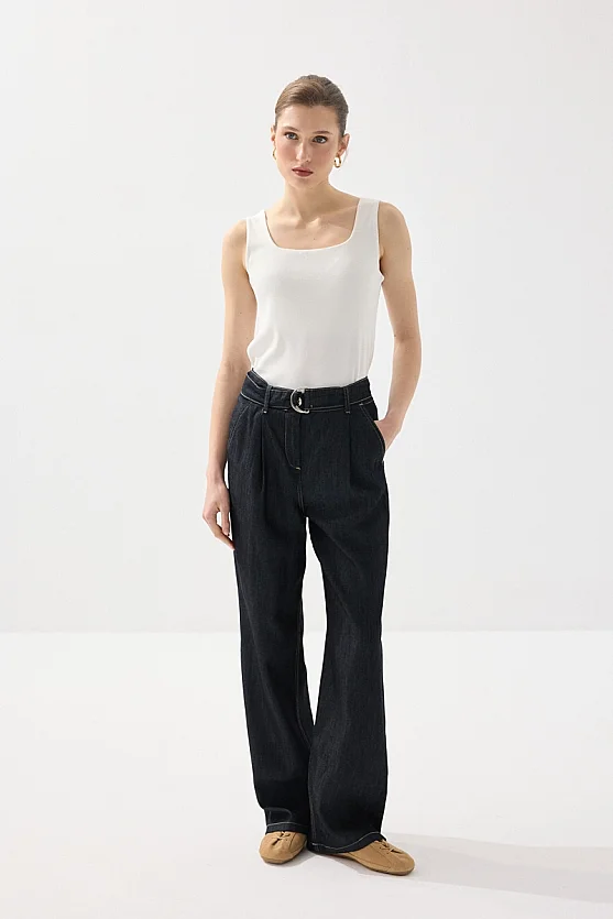 Tencel Denim Kemerli Pantolon - Lacivert - 4