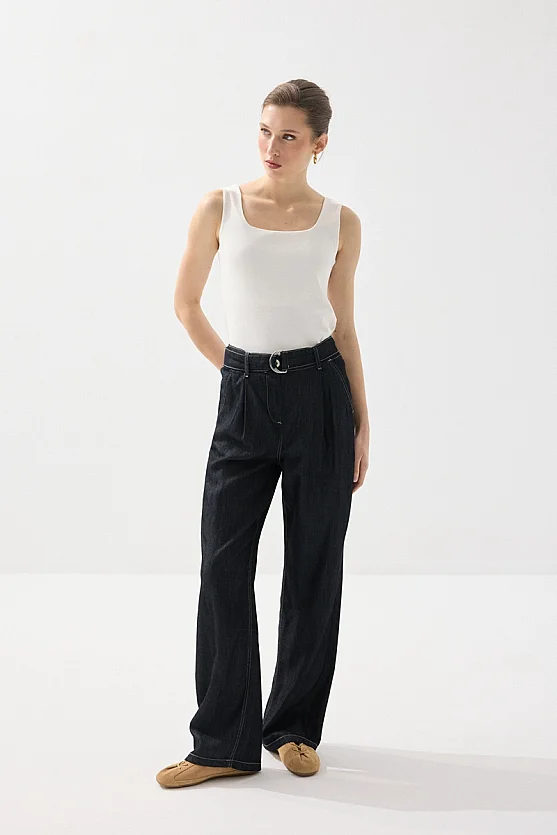 Tencel Denim Kemerli Pantolon - Lacivert - 5