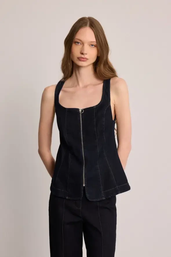 Tencel Denim Korse Yelek - Mavi - 1
