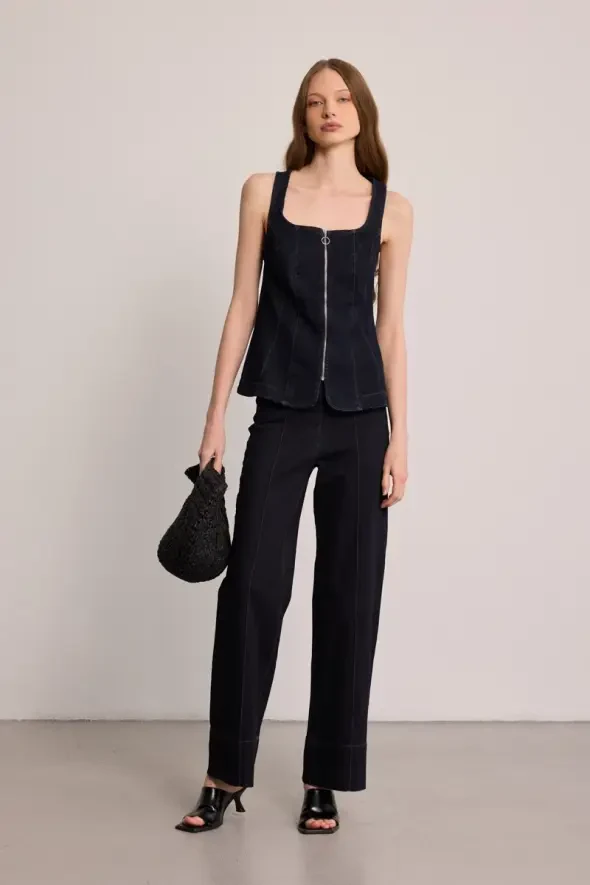 Tencel Denim Korse Yelek - Mavi - 3