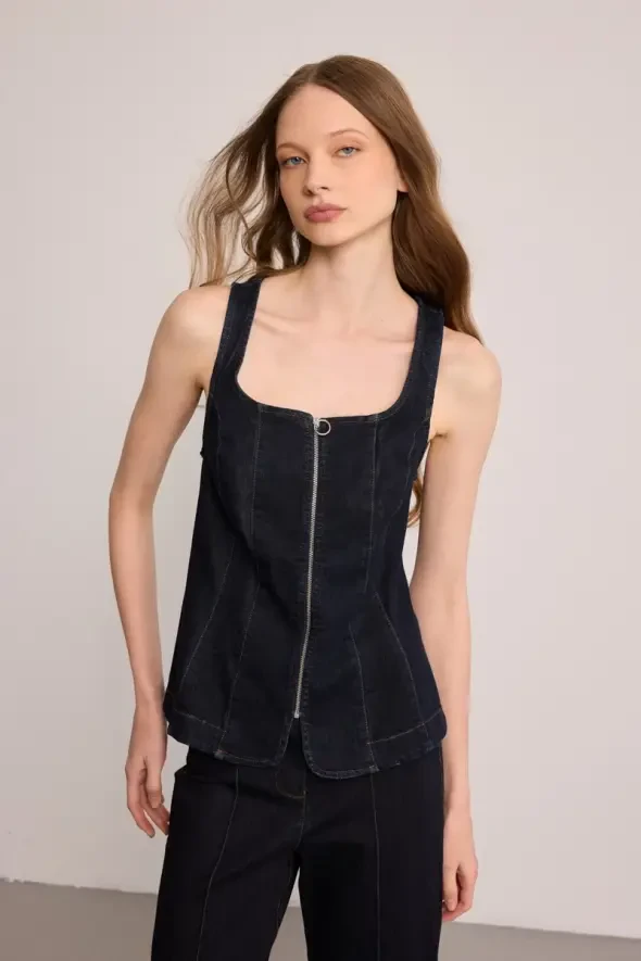 Tencel Denim Korse Yelek - Mavi - 4
