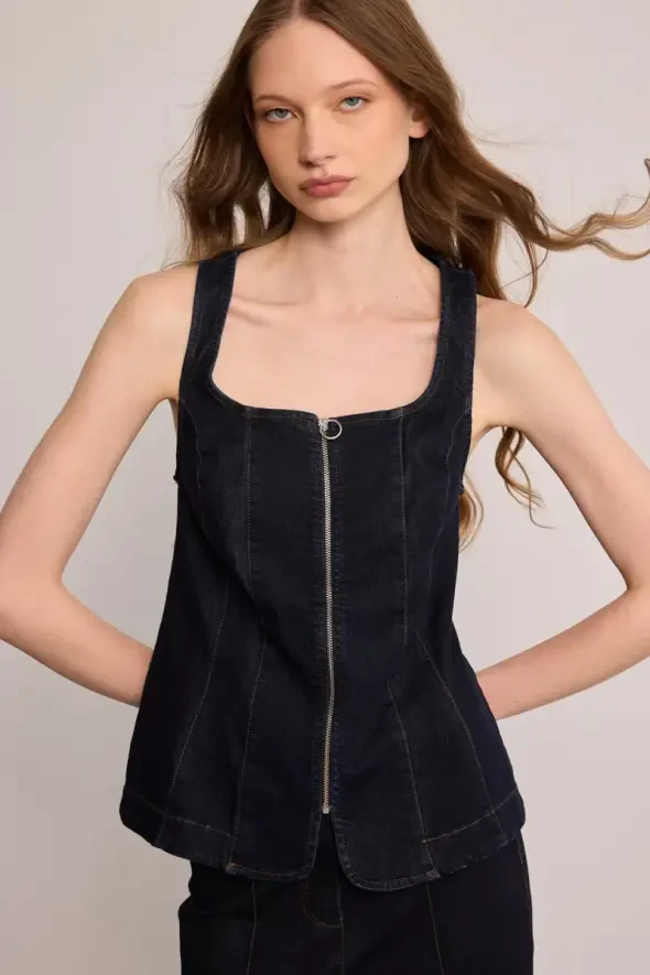 Tencel Denim Korse Yelek - Mavi - 6
