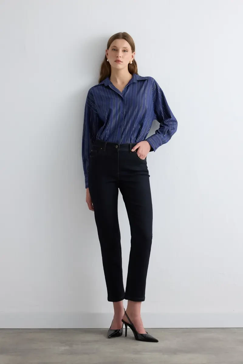 Tencel Denim Slim Pants - Navy Blue - 1
