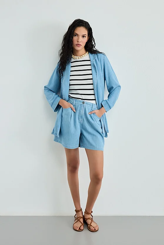 Tencel Denim Şort - Mavi - 1