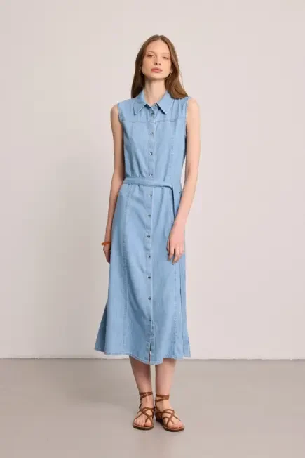 Tencel Denim Uzun Gömlek Elbise - Mavi Mavi