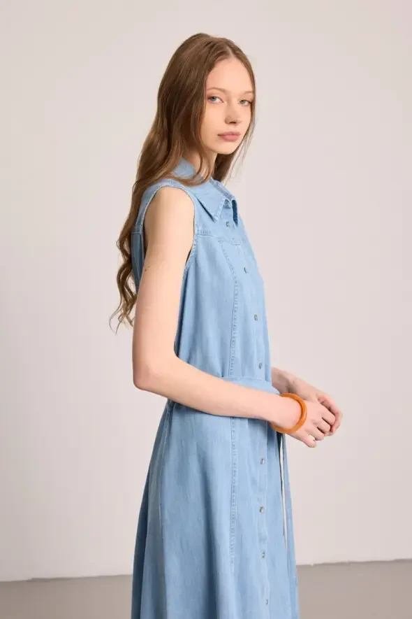 Tencel Denim Uzun Gömlek Elbise - Mavi - 2
