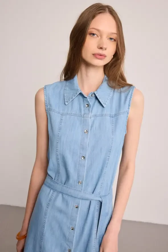 Tencel Denim Uzun Gömlek Elbise - Mavi - 3