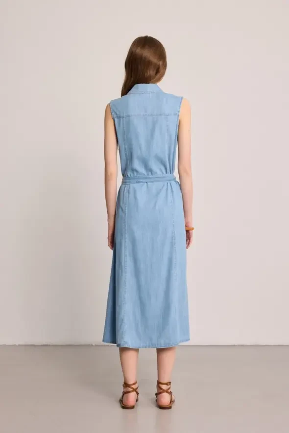 Tencel Denim Uzun Gömlek Elbise - Mavi - 4