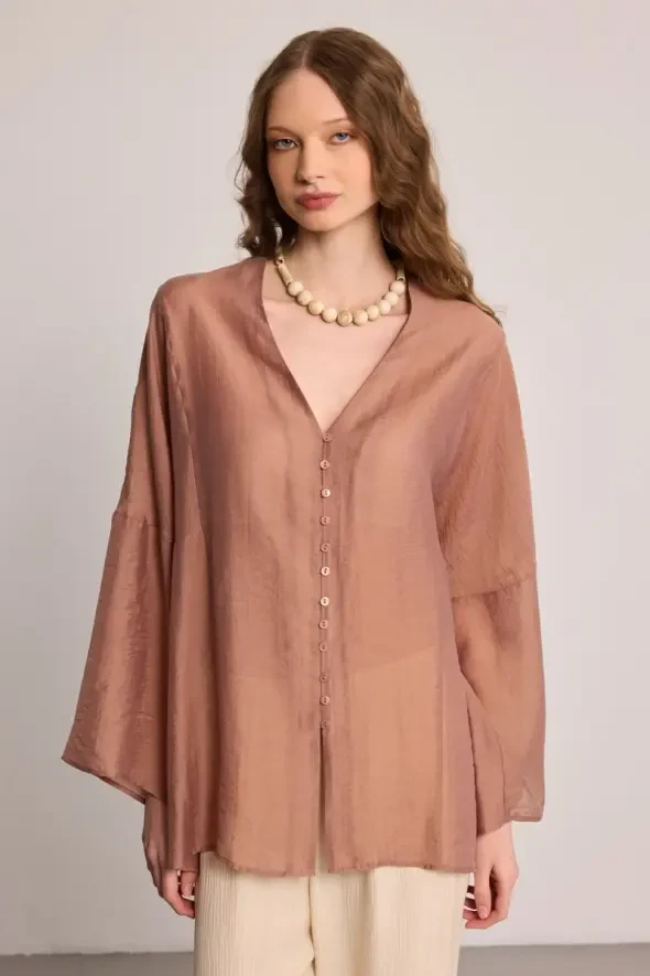 Tencel Rahat Kesim Tunik - Kahverengi - 1