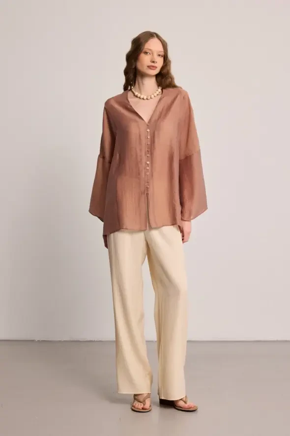 Tencel Rahat Kesim Tunik - Kahverengi - 2