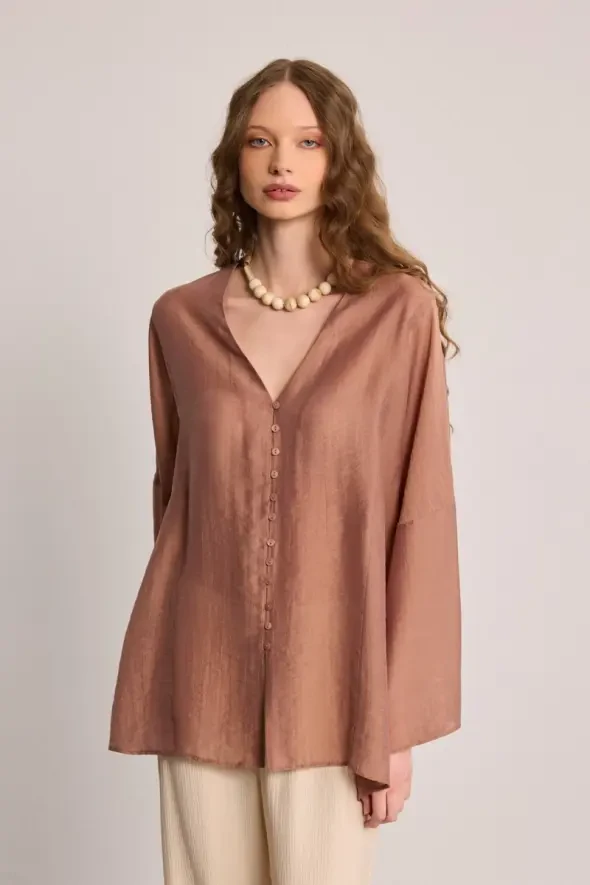 Tencel Rahat Kesim Tunik - Kahverengi - 3