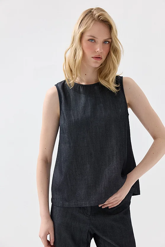 Tensel Denim Kolsuz Bluz - Lacivert - 4