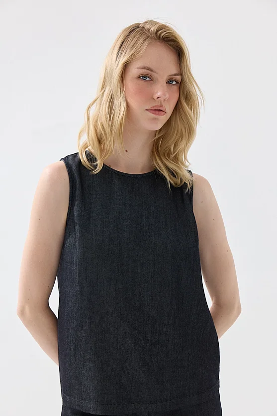 Tensel Denim Kolsuz Bluz - Lacivert - 5