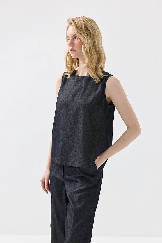 Tensel Denim Kolsuz Bluz - Lacivert - 6