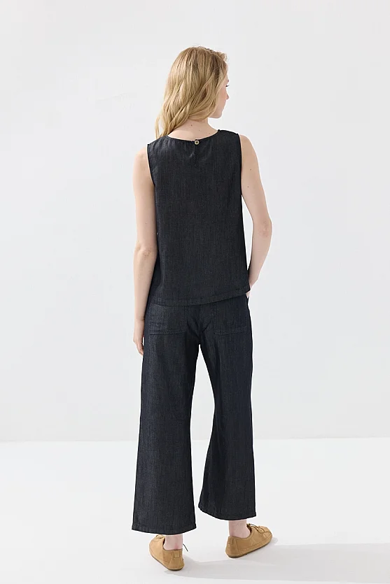 Tensel Denim Kolsuz Bluz - Lacivert - Gusto