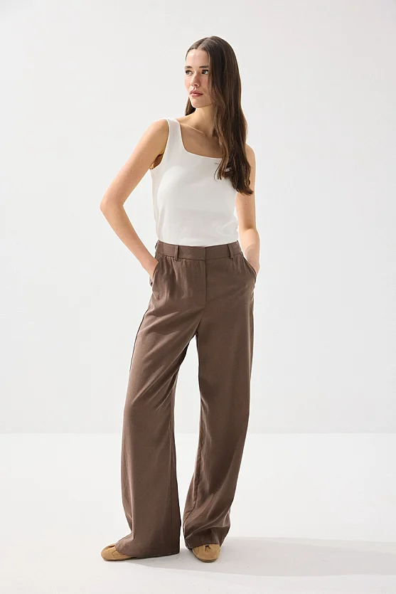 Tensel Keten Bol Paça Pantolon - Kahverengi - 2