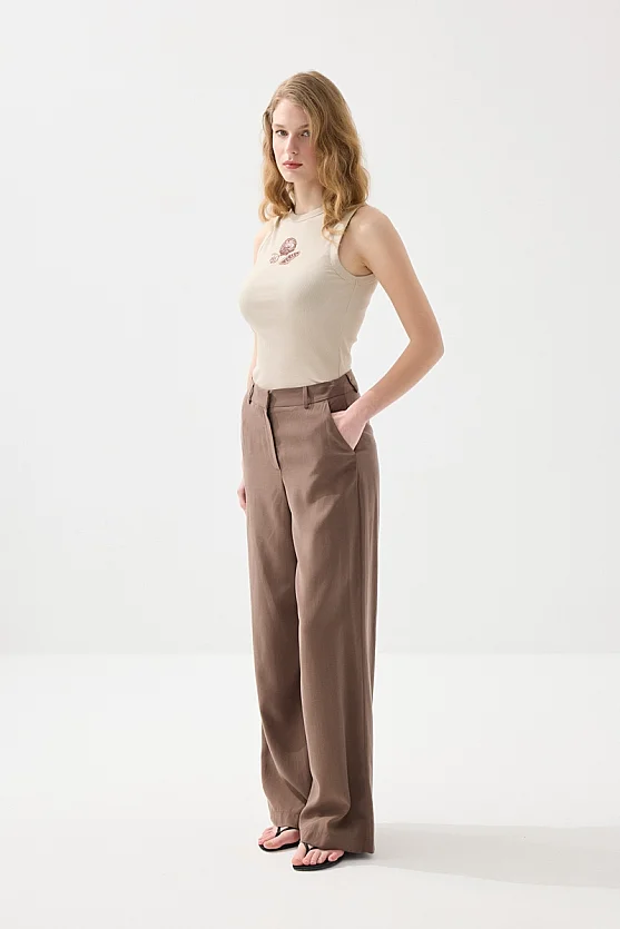 Tensel Keten Bol Paça Pantolon - Kahverengi - Gusto