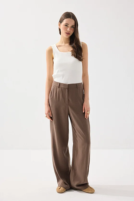 Tensel Keten Bol Paça Pantolon - Kahverengi - Gusto