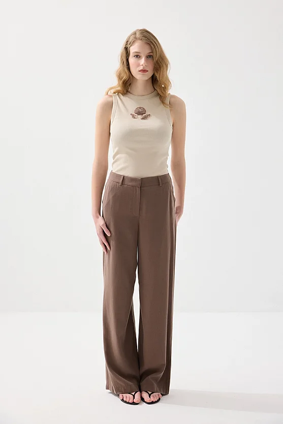 Tensel Keten Bol Paça Pantolon - Kahverengi - Gusto