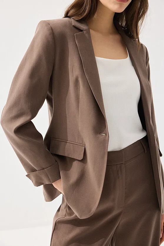 Tensel Keten Tek Düğmeli Ceket - Kahverengi - 3