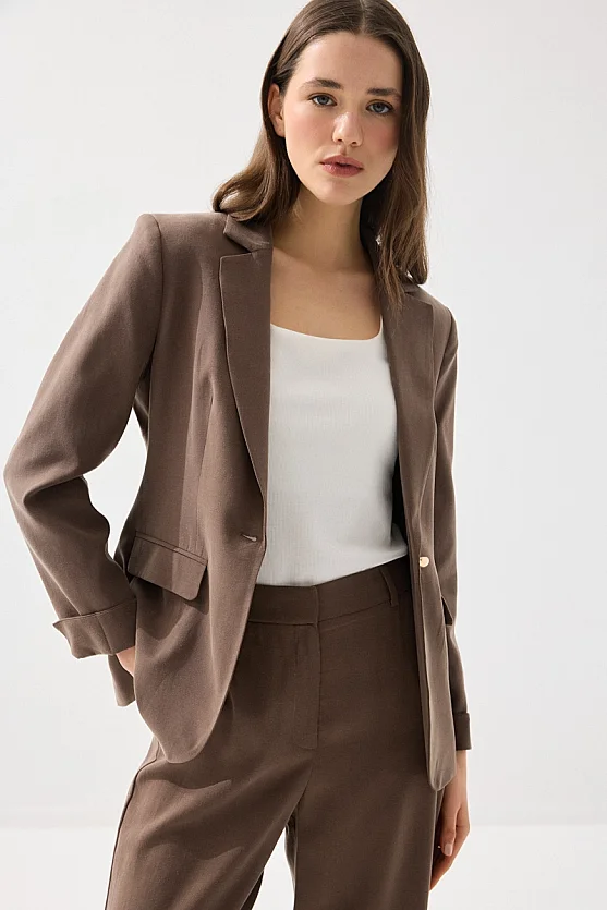 Tensel Keten Tek Düğmeli Ceket - Kahverengi - 5