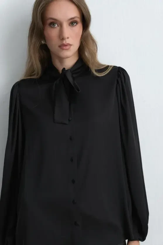 Tie Neck Satin Shirt - Black - Gusto